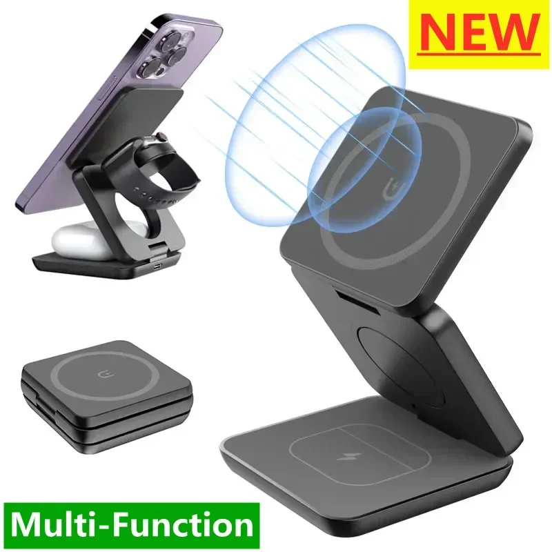 3 In 1 Foldable Magnetic Wireless Charger Stand For iPhone 15 14 13 12 Pro Max Apple Watch AirPods Fast Charging Station Holder