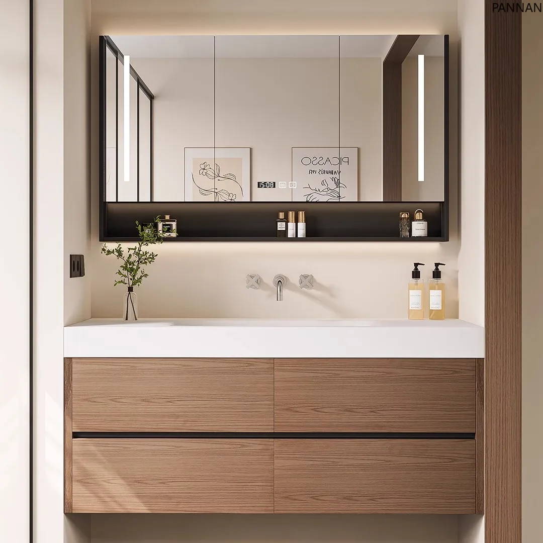 

Log color bathroom cabinet combination rock slab hot bending integrated basin bathroom washbasin bathroom cabinet