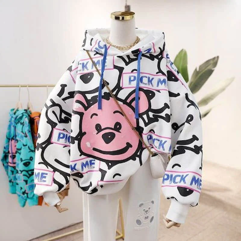 Vintage Hoodies Oversized Drawstring Hooded T-shirt Casual Cartoon Print Korean Style Long Sleeve Streetwear Women Clothes Trend