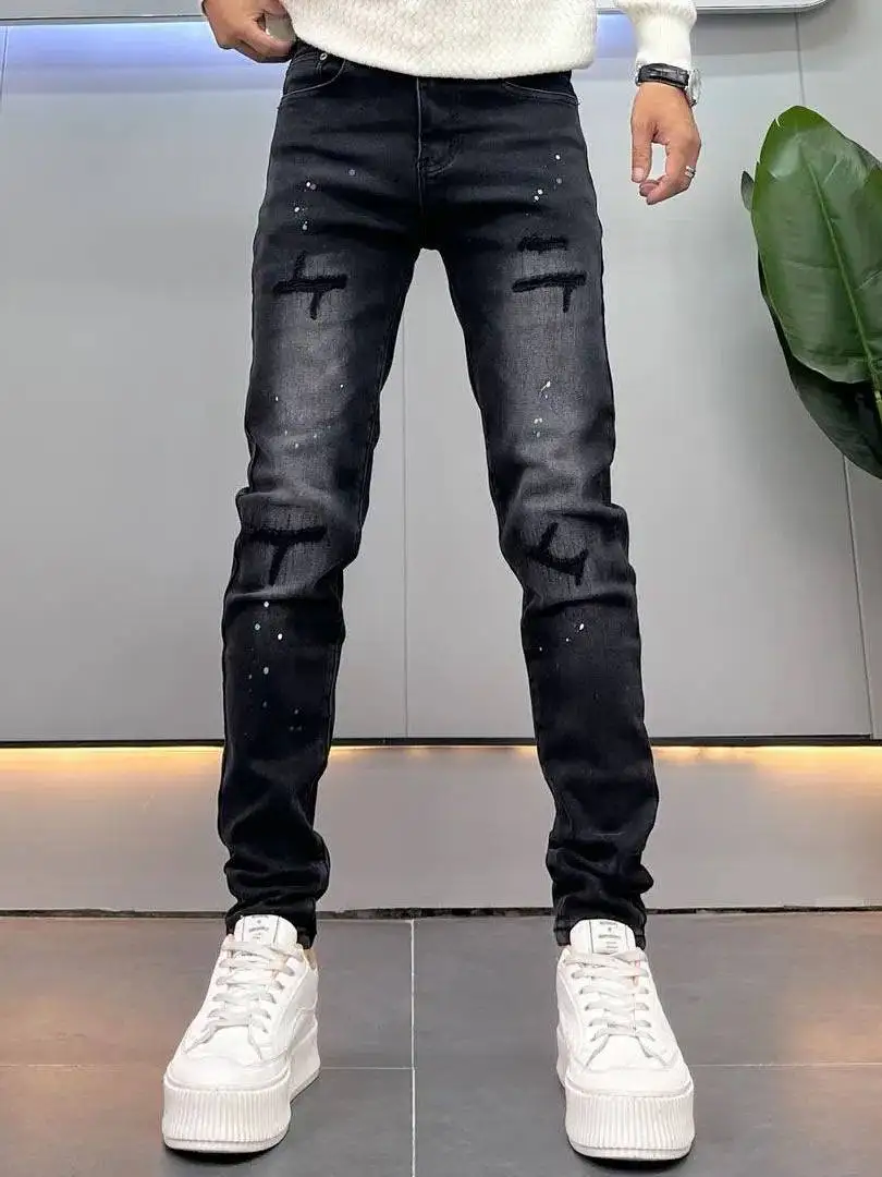 

Retro American Style Men's Slim Fit Denim Jeans Spring Autumn Trendy Small Elastic Hole Long Pants Casual Wear Daily Use