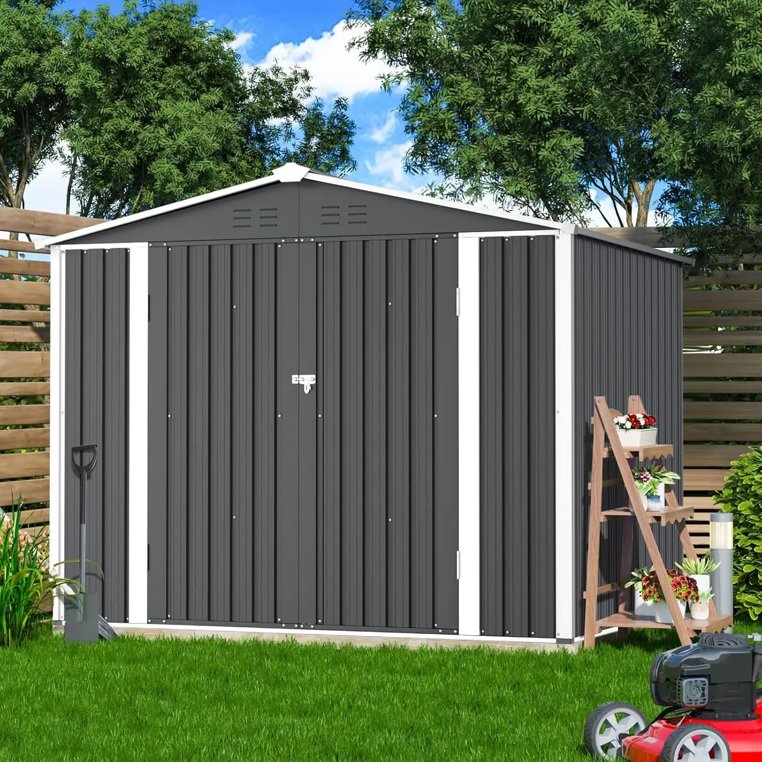 Outdoor 4 x 6 Feet Tool House with French Door Backyard Garden Storage Shed Outdoor Lawn Steel Roof Style Shed, Garden