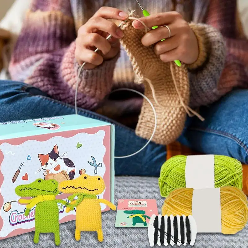 Crochet Animal Kit Art Supplies Knitting Crochet Kits Cartoon Crocodile Crocheting Kit with Step-By-Step Tutorials Knitting Kit