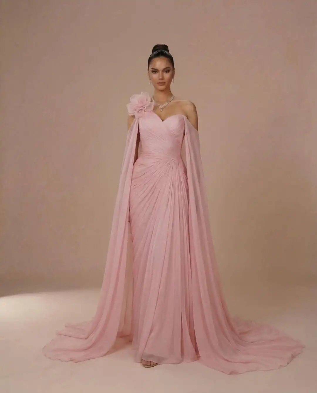

Customized Elegant Pink One Shoulder Evening Dress 3D Floral Ruched Chiffon Cape Sweep Train Formal Prom Party Gown New Design