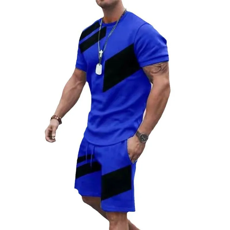 New Summer Men's Shorts  T Shirt Set 3D Color Block Print Sporty Fashion Short Sleeve 2 Piece Breathable fabric