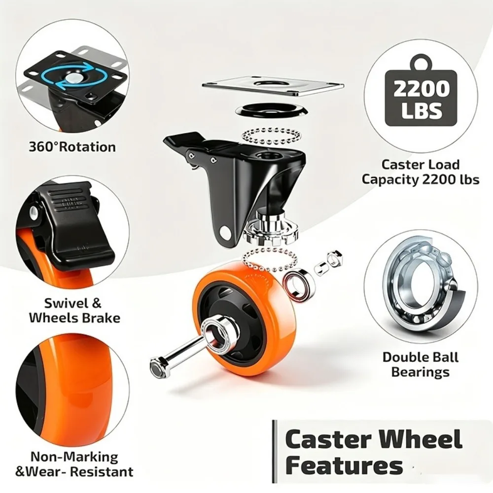 Heavy-Duty Red Casters Set of 4 - 3 Inch 4 Inch 5 Inch Sizes with 2200 Lbs Load Capacity Locking Swivel Caster Brakes 360° Rotation for Carts Furniture Workbenches