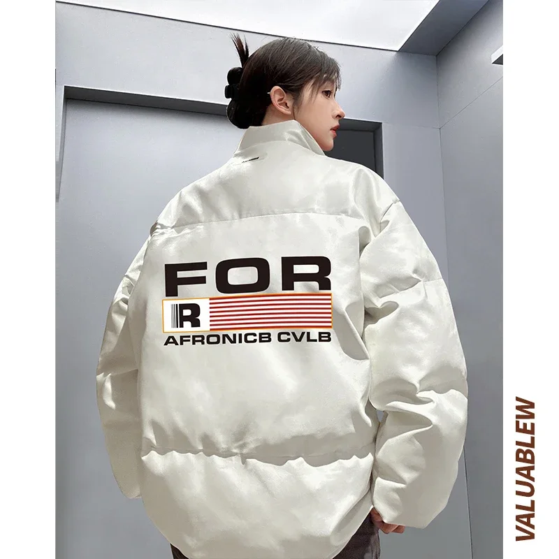 Streetwear Fashion Letter Print PU Leather Parkas Coat Women American Retro Winter Thick Warm Oversize Cotton Padding Jacket Men