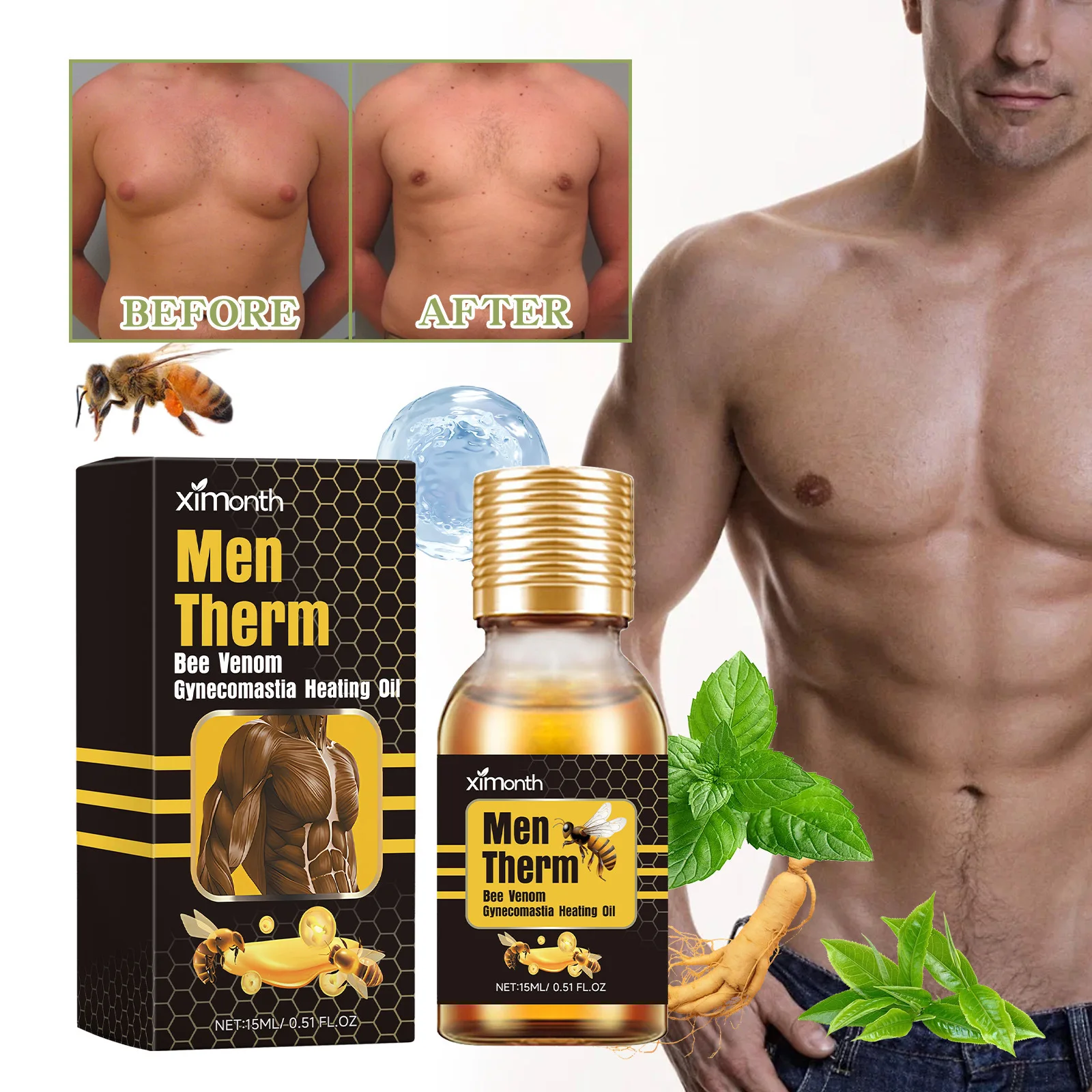 Man Breast Firm Massage Oil Shrink Chest Muscles Gynecomastia Tighten Strengthen Abdominal Remove Excess Fat Bee Slimming Oil