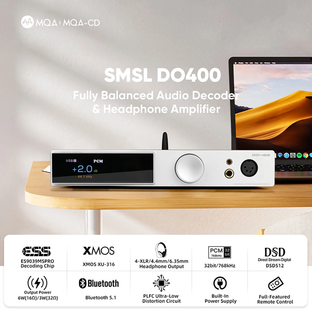 Smsl-Bluetooth Audio Amp Decoder, Do400, 2in 1, USB, Dac, Mqa, Cd, Dsd512, HiFi Monitor, Headphone, Amplificador de fone de ouvido com controle remoto