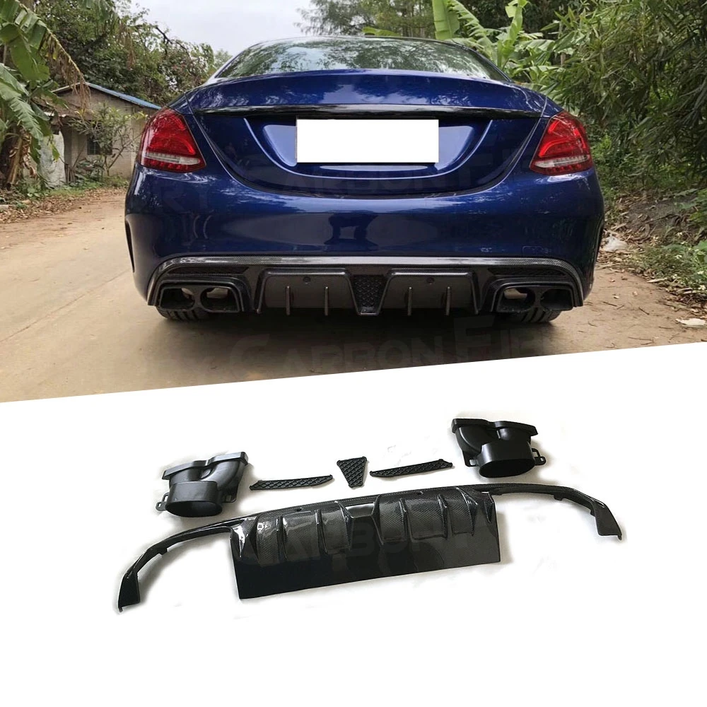 

For C Class Carbon Fiber Rear Bumper Lip Diffuser Spoiler with Exhaust Muffer Tip for Mercedes Benz W205 C200 C300 C63 AMG 15-19