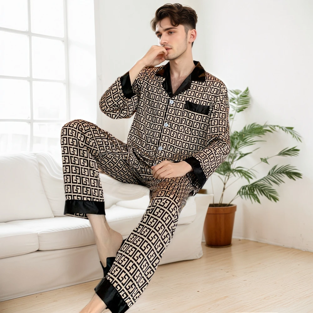 

Luxury Men's Casual 2Pcs Pajama Set Comfy Soft Long Sleeve Tops And Pants With Print For Summer Satin Sleepwear Loungewear Pjs