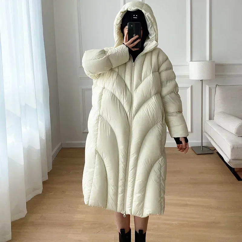 Simple Women\'s Winter Down Jacket Fluffy Warm Long Parka 2024 New High-end Cocoon Type Oversize Hooded White Duck Down Coat