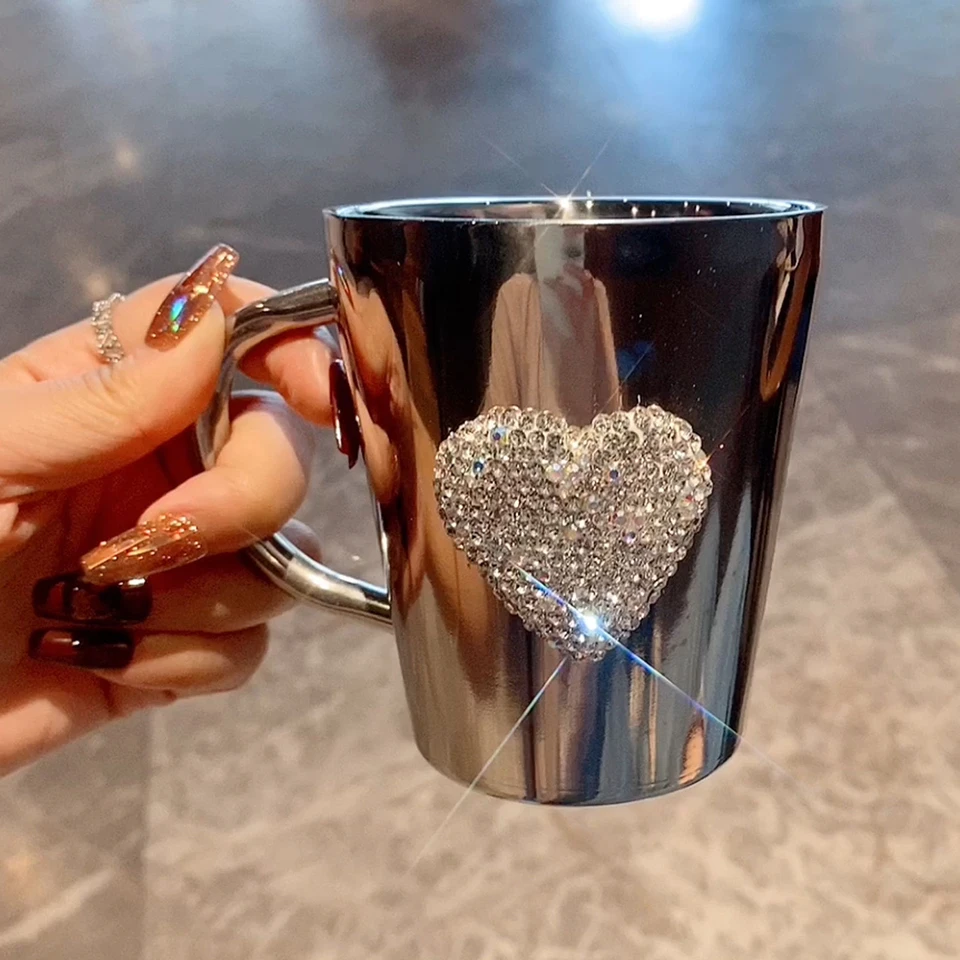 

Diamond-encrusted Love Water Cup with Handle 304 Stainless Steel Coffee Milk Juice Mug Portable Office Home Drinking Mug 300ml