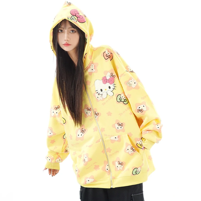 Y2K Hello Kitty Kawaii Meisjes Hoodie Sweatshirt Rits Vest Sanrio Anime Lente Winter Borduren Jas Vrouwen Tops Los