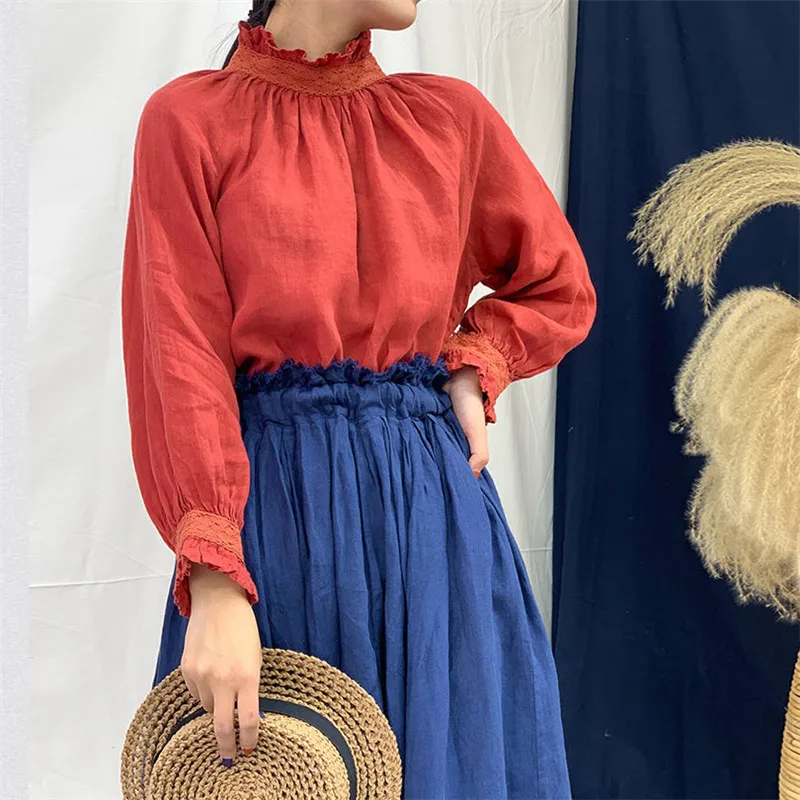 Johnature Autumn New Linen Loose Ruffles Collar Women Shirts 2024 Vintage Solid Color Full Sleeve Button Female Blouses