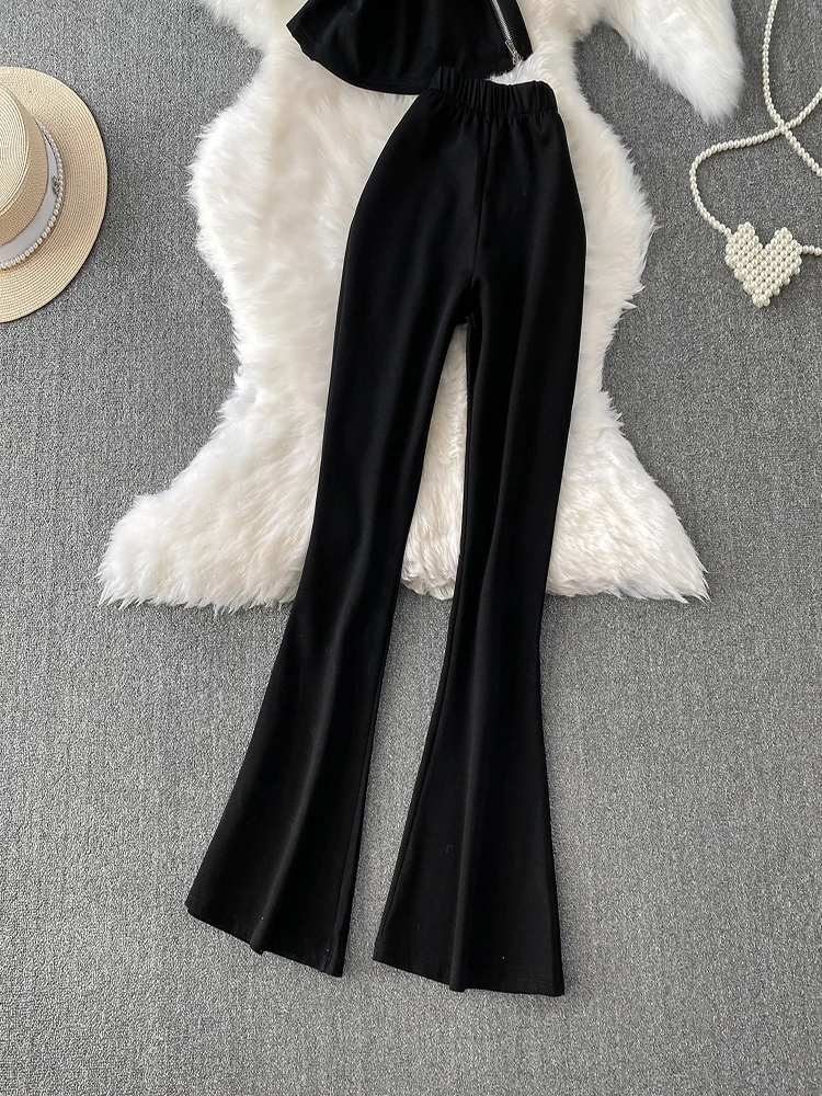 Off shoulder strapless vest design side zipper waist cinched top and high waisted flared pants set temperament two-piece set