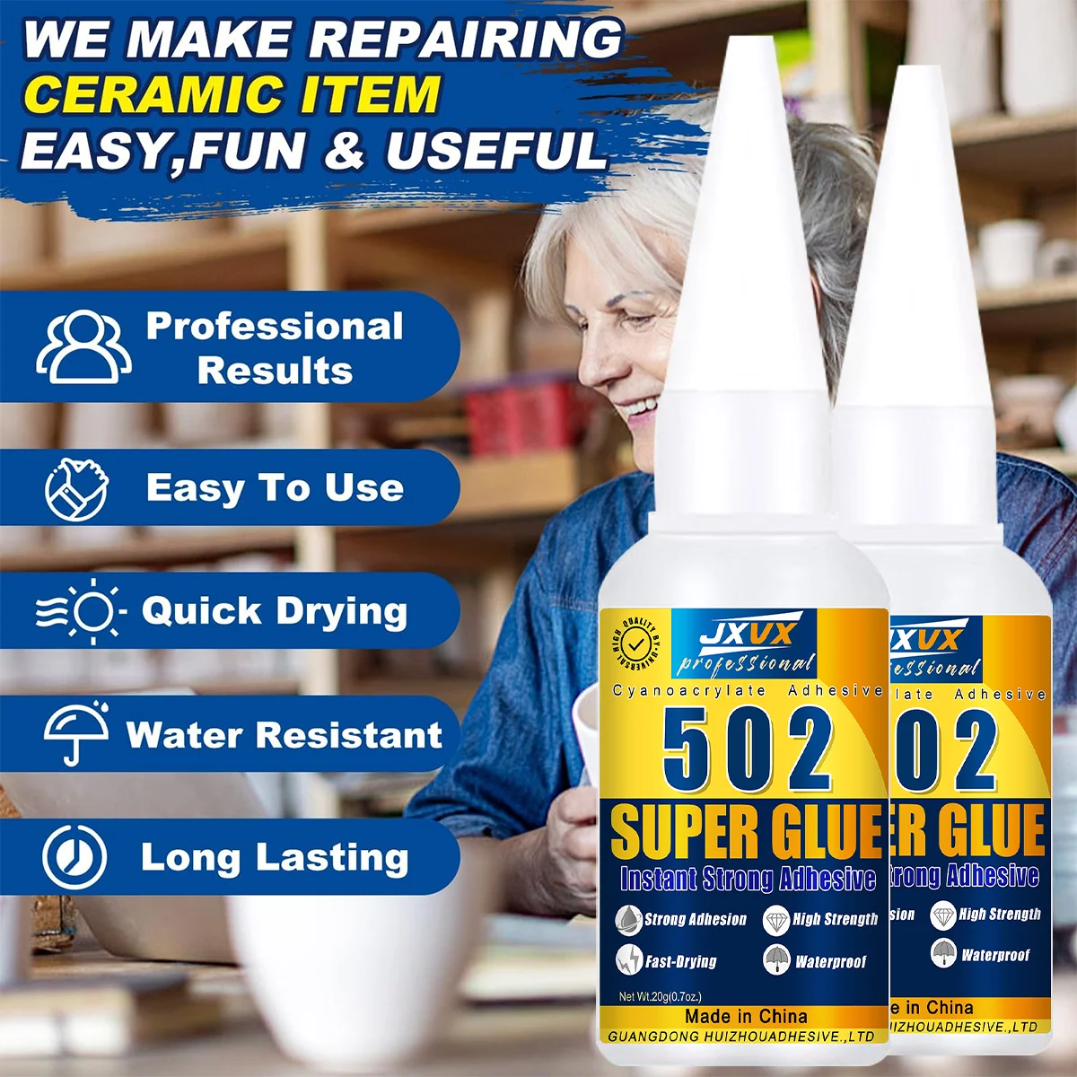 502 Super Glue 10.7oz, Cairan Perekat Segera Berbentuk Cair dari Cyanoacrylate untuk Kerajinan Kayu, Perbaikan Furnitur, Lem CA Serbaguna yang Kuat untuk Logam, Kaca, Plastik, Keramik, Kulit.