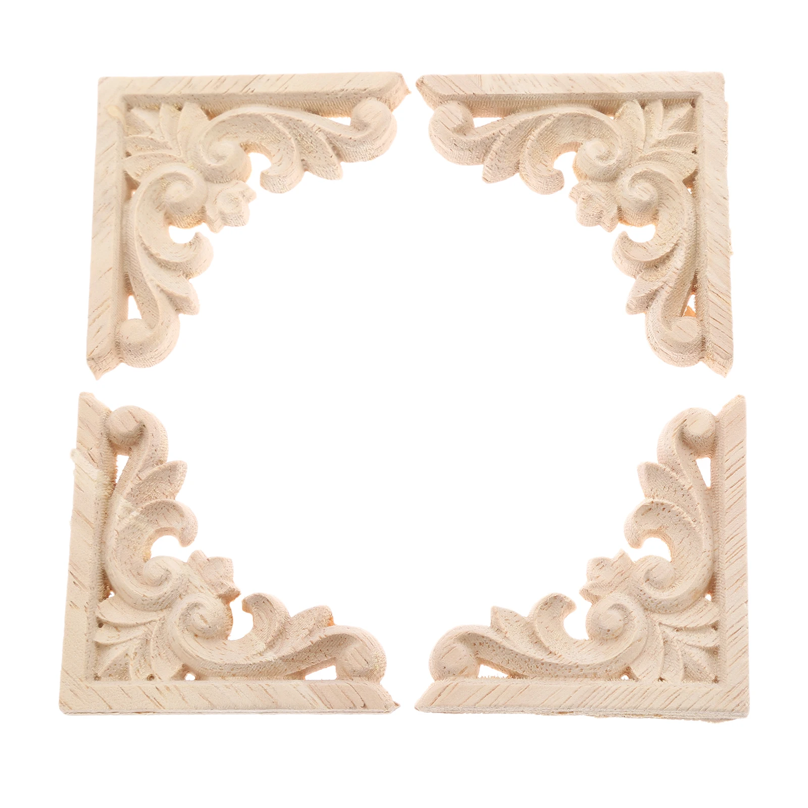 4Pc 6/8cm Vintage Unpainted Wood Carved Decal Corner Onlay Applique Frame for Home Furniture Wall Cabinet Door Decorative Crafts