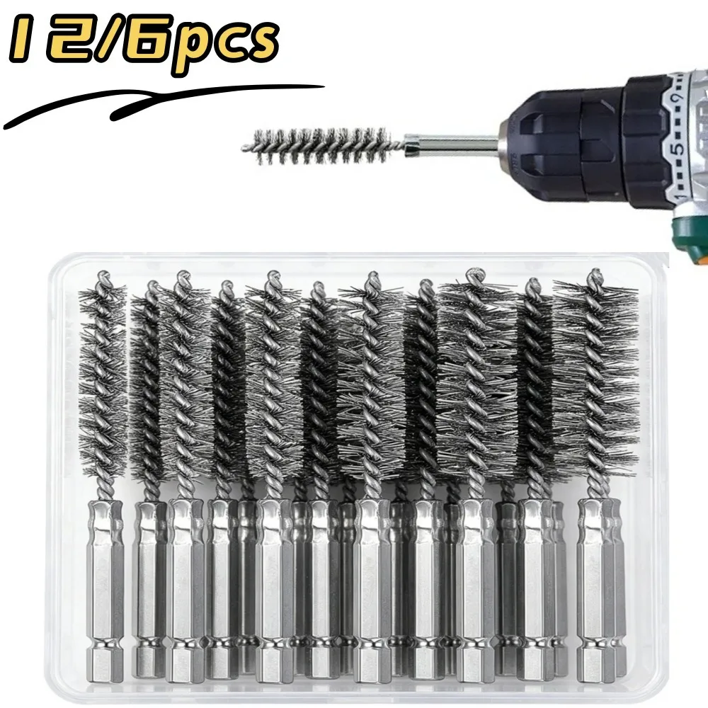 12/6pcs Stainless Steel Brush Drill Cleaning Brush Kit Hex Shank Pole Deburring Polishing Derusting Brush Pipeline Cleaning Tool