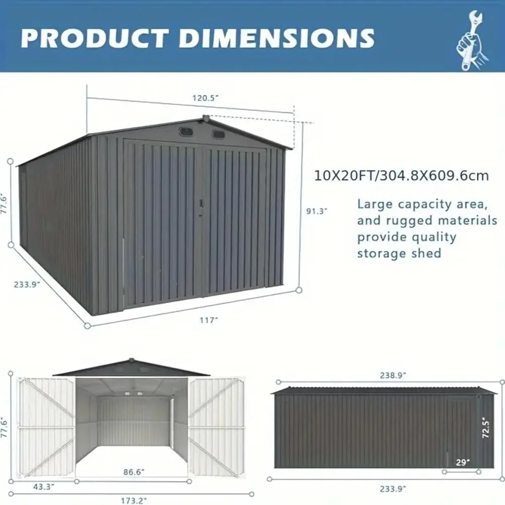 10x20 Outdoor Storage Shed with 2 Lockable Doors and 4 Air Vents, Prefab Metal Garage Building, Large Tool Shed