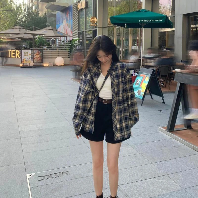 Plaid Shirt Women Fashion Loose Straight Jk Pretty Style Blouses Harajuku Long Sleeve Turn Down Collar Korean Basic Female Tops