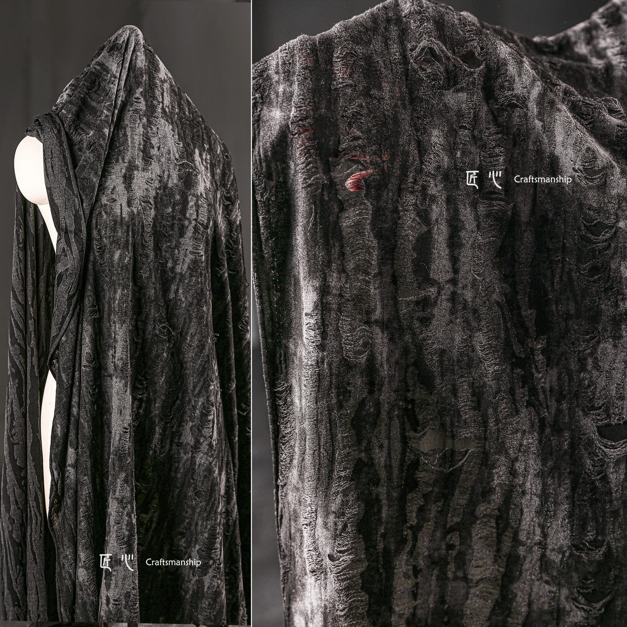 Dark gray ink, ripped texture, tie-dye, knitted fabric, culottes, sweater, cardigan, jacket, clothing designer fabric.