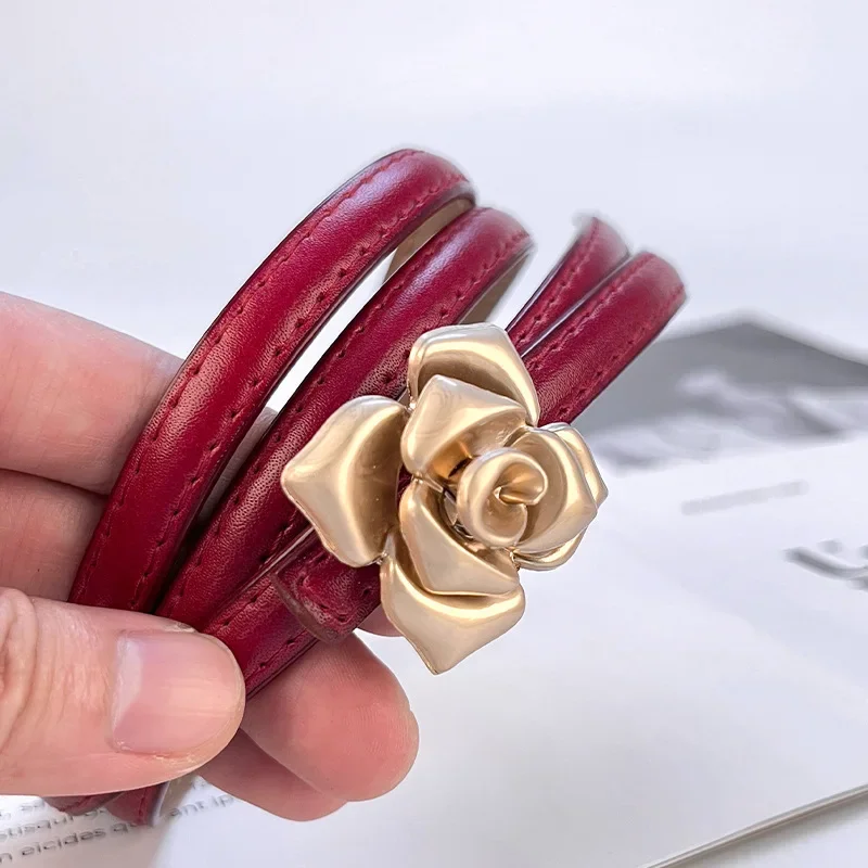 1.0cm nowy projektant unikatowy pas z różą moda damska cienki pasek ze skóry bydlęcej Jeans sukienka w pasie modna uniwersalna