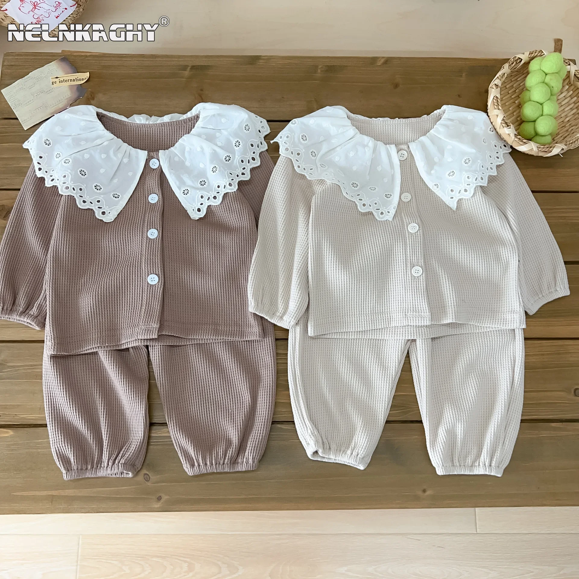 2024 autumn spring new in kids baby girls turn down collar top + pants - infant toddler waffle clothing set 2pcs 3M-4Y