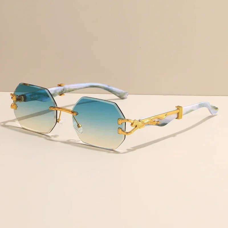 

Rimless Sunglasses Women Men Cut Edge Octagon Golden Leopard Small Frame Rectangle Designer Retro Shade Eyewear UV400 Oculos