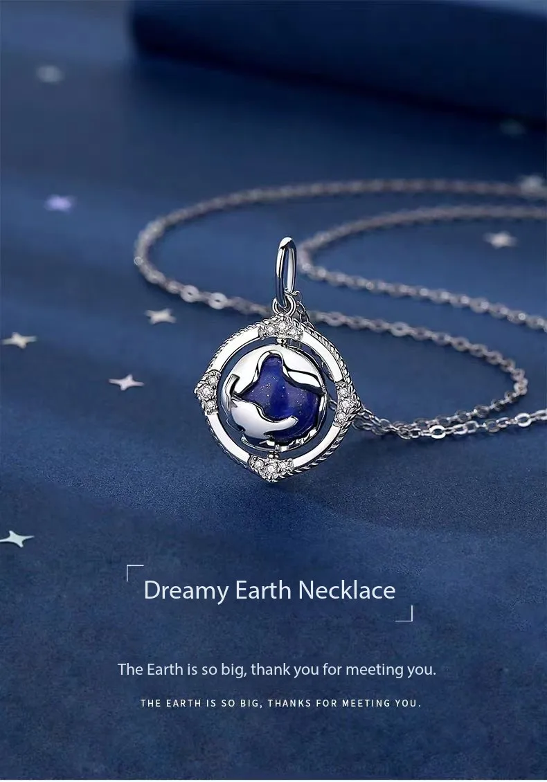 

2026 New Fantasy Earth Necklace for Women Sterling Silver Lapis Lazuli Obsidian Globe Pendant Clavicle Chain Bestie Couple Gift