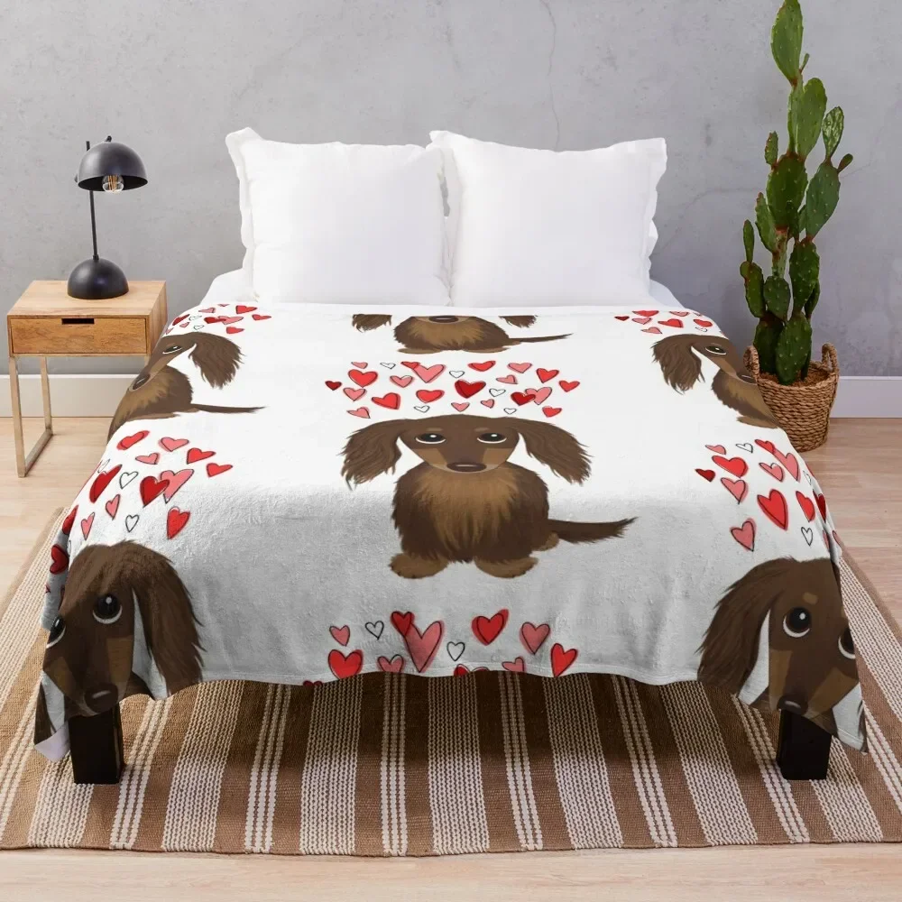 Hearts Dog Longhaired Chocolate Dachshund Cartoon Dog with Valentine Hearts Throw Blanket Quilt blankets and throws Blankets