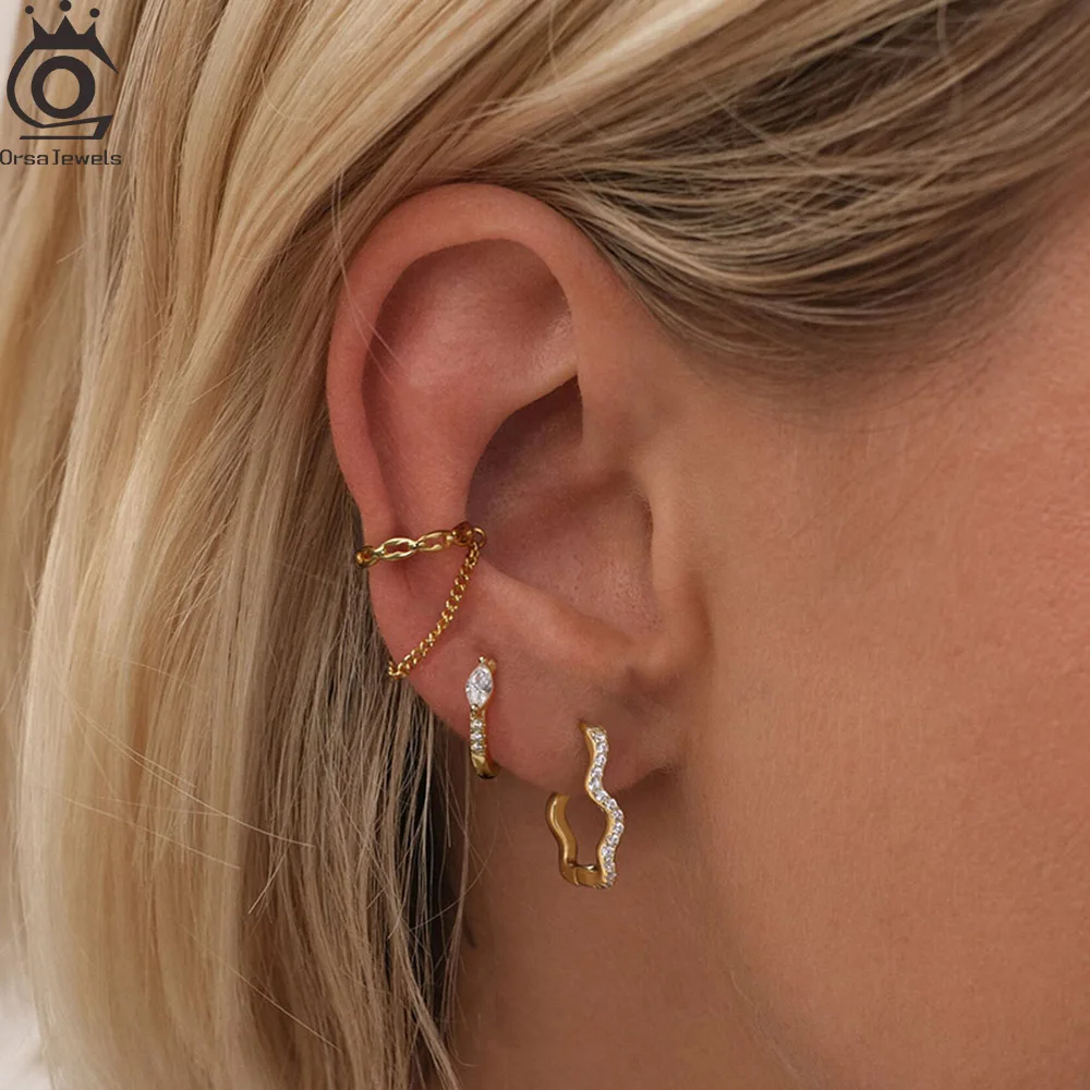 

ORSA JEWELS Original Design Wave Ear Buckles Irregular Hoop Earrings Soild 925 Sterling Silver Shiny Zircon Fine Jewelry APE135