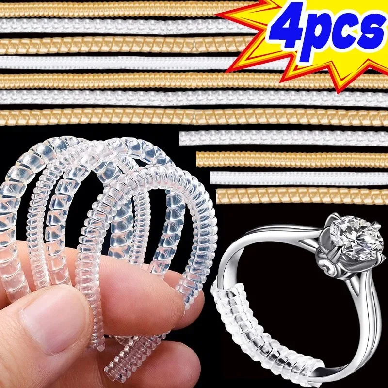 1-4pcs Ring Size Reducer Tools Spiral Spring Based Rings Adjust Invisible Transparent Tightener Resizing Jewelry Guard Rings