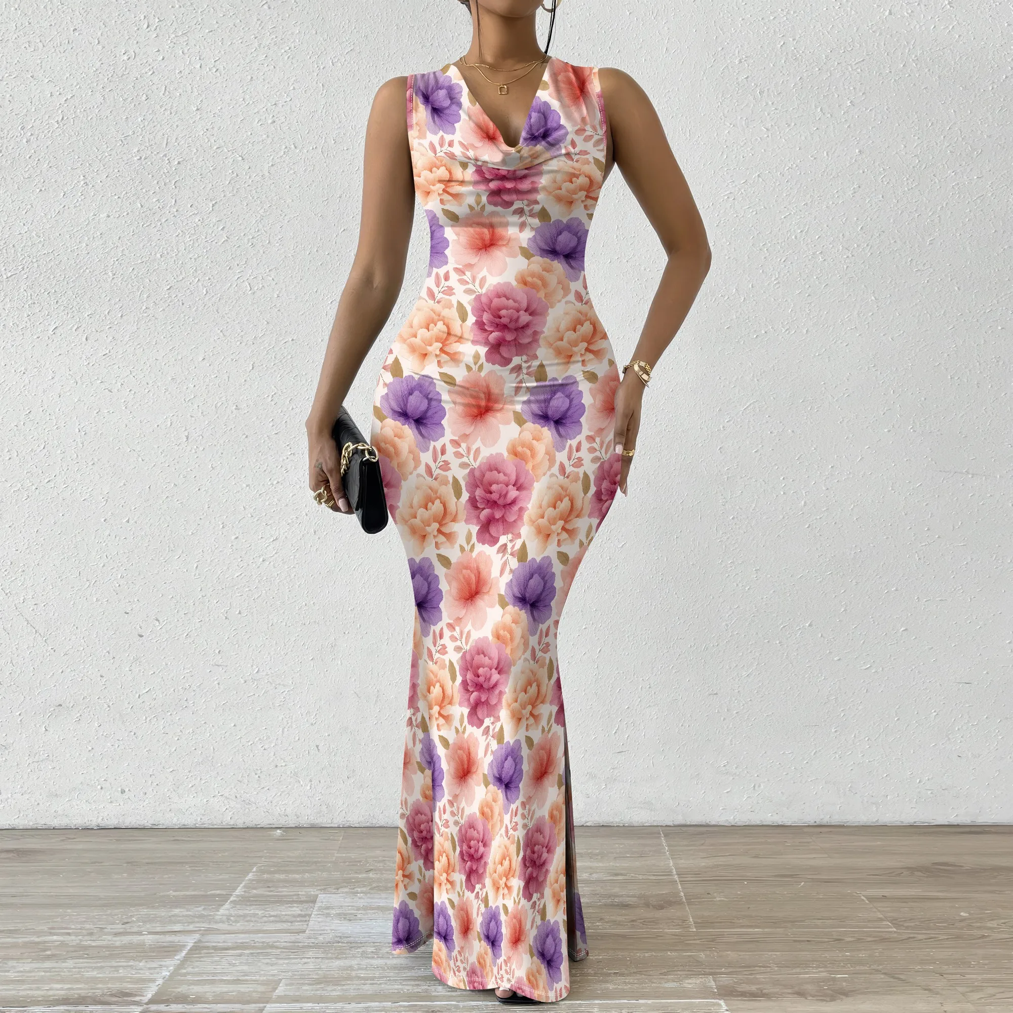 

Elegant Floral Maxi Dress XS-2XL Rose & Peony Print Sleeveless Gown for Spring Wedding or Mother's Day Outfit