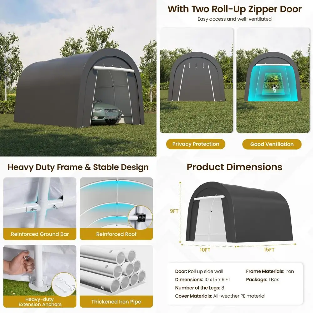 

carport, 10'x15' outdoor round portable garage with 2 roll up doors, heavy duty storage shelter car canopy party tent, dark gray