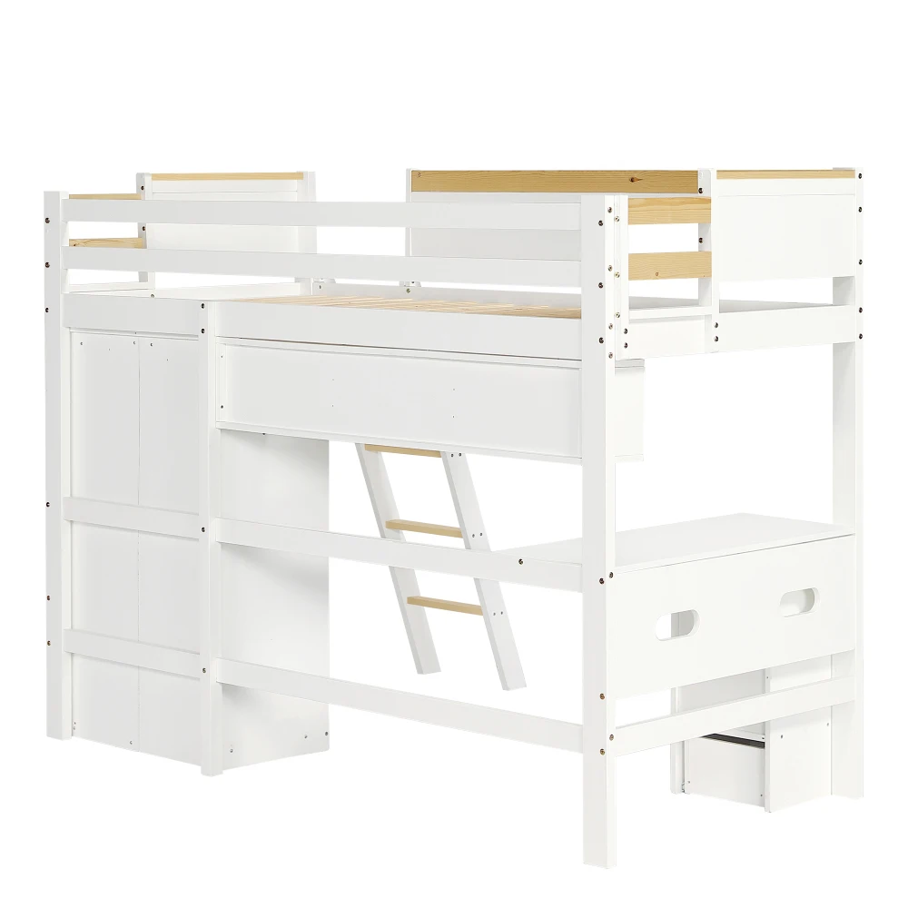 PINGGO Etagenbett für Kinder mit Fallschirmschutzgeländer, Schreibtisch, Kleiderschrank, Stauraum, 4-Stufen-Leiter, Kiefer, MDF, Sperrholz, Weiß, 90x200cm, ohne Matratze – Detail 15