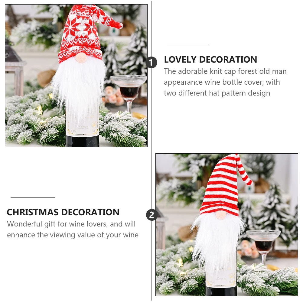 

2pcs Knitted Hat Christmas Decoration Bottle Cover Bag Set Red Creative Elder for Party Gifts Lovely Christmas
