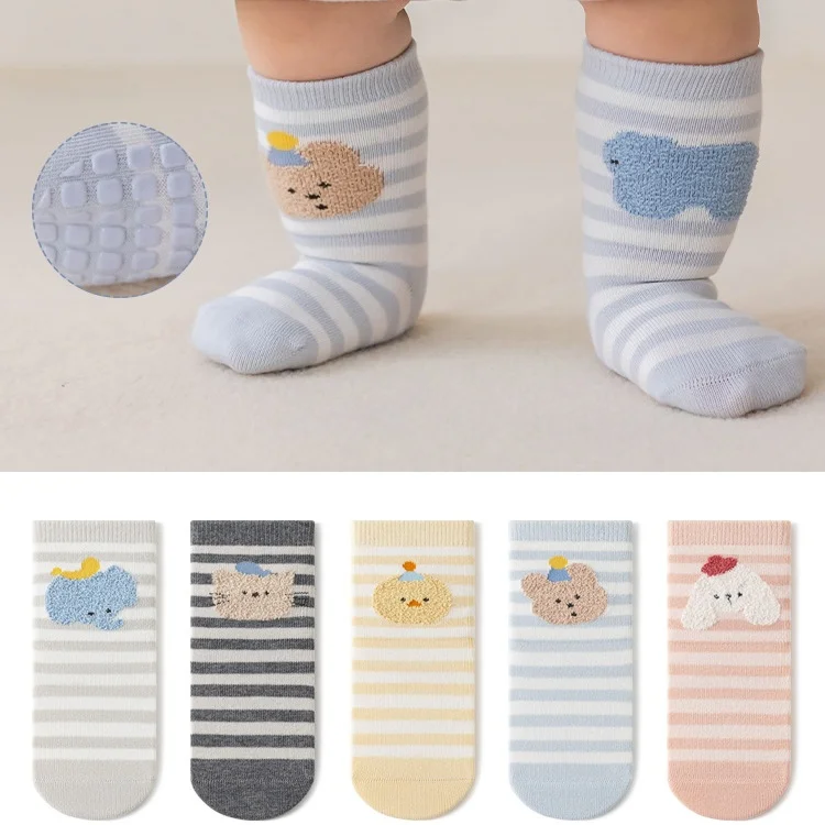 Spring Autumn Baby Floor Socks Antibacterial Mid-Calf Anti-Slip Toddler Walking Socks for Boys Girls Cool-proof Cartoon Striped