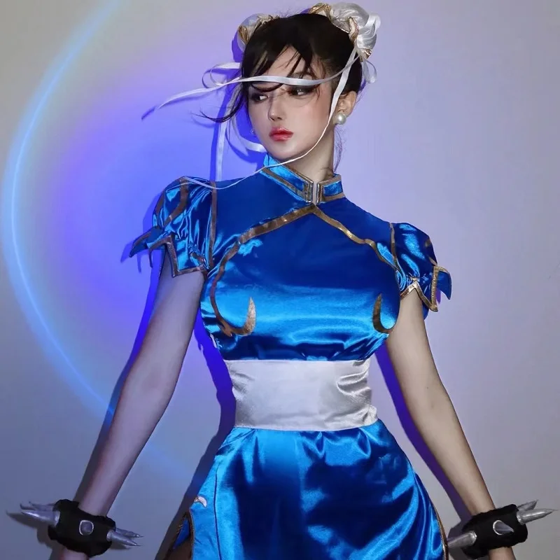 

Games Chun Li Cosplay Costumes Halloween Party Sutorito Faita Blue Cheongsam Dress Belt Headgear With Women Girls Clothes