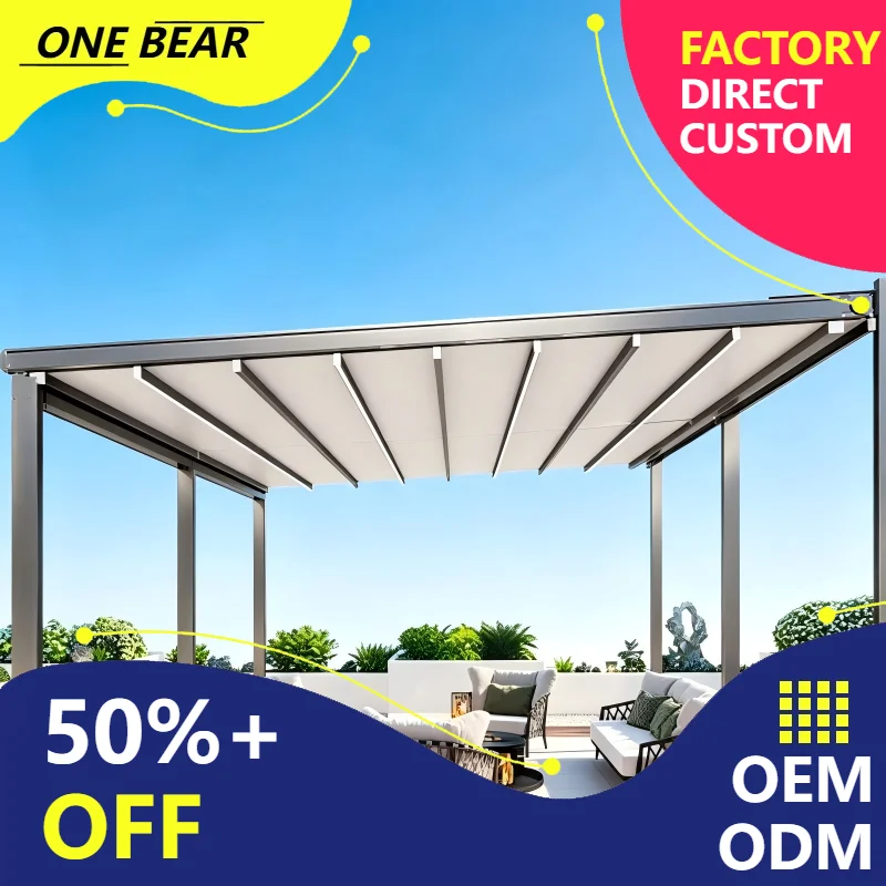 Any Size Custom Commercial Outdoor Folding Canopy Aluminum Waterproof Windproof Restaurant Patio LED Sunshade UV Resistant Heavy