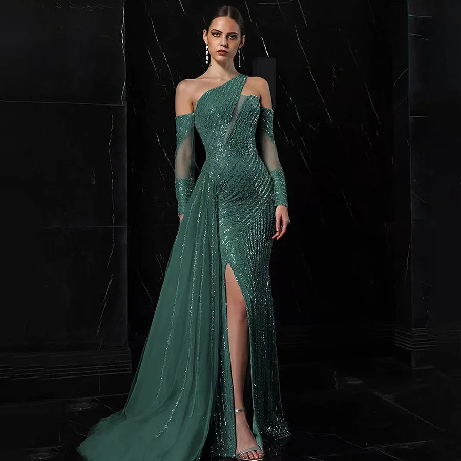 

OEING Sexy Green One Shoulder Mermaid Evening Dresses Women Sequins Luxury Wedding Party High Slit Prom Formal Gowns Customized