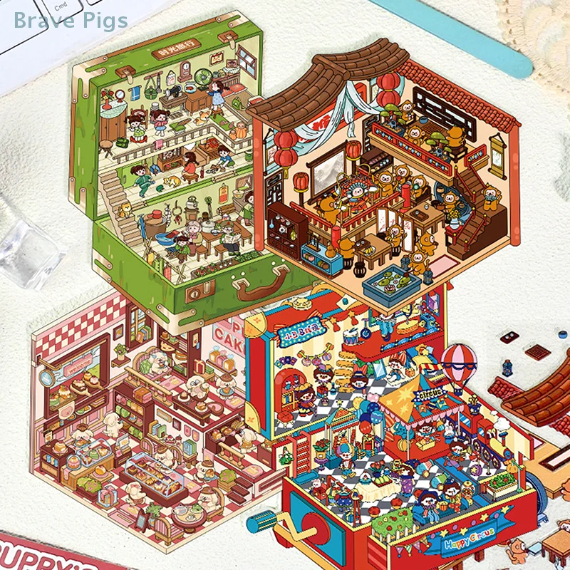 1Set Cartoon Creatieve Miniatuur Scène 3D Landschapsarchitectuur Stickers Visueel Stapelen Driedimensionale Stickers Kerstcadeaus