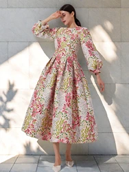 DEVCHATA Elegant Jacquard Women Long Maxi Luxury Brocade Dress Floral Fashion Party Robe Femme Vintage Vestidos Evening Clothing