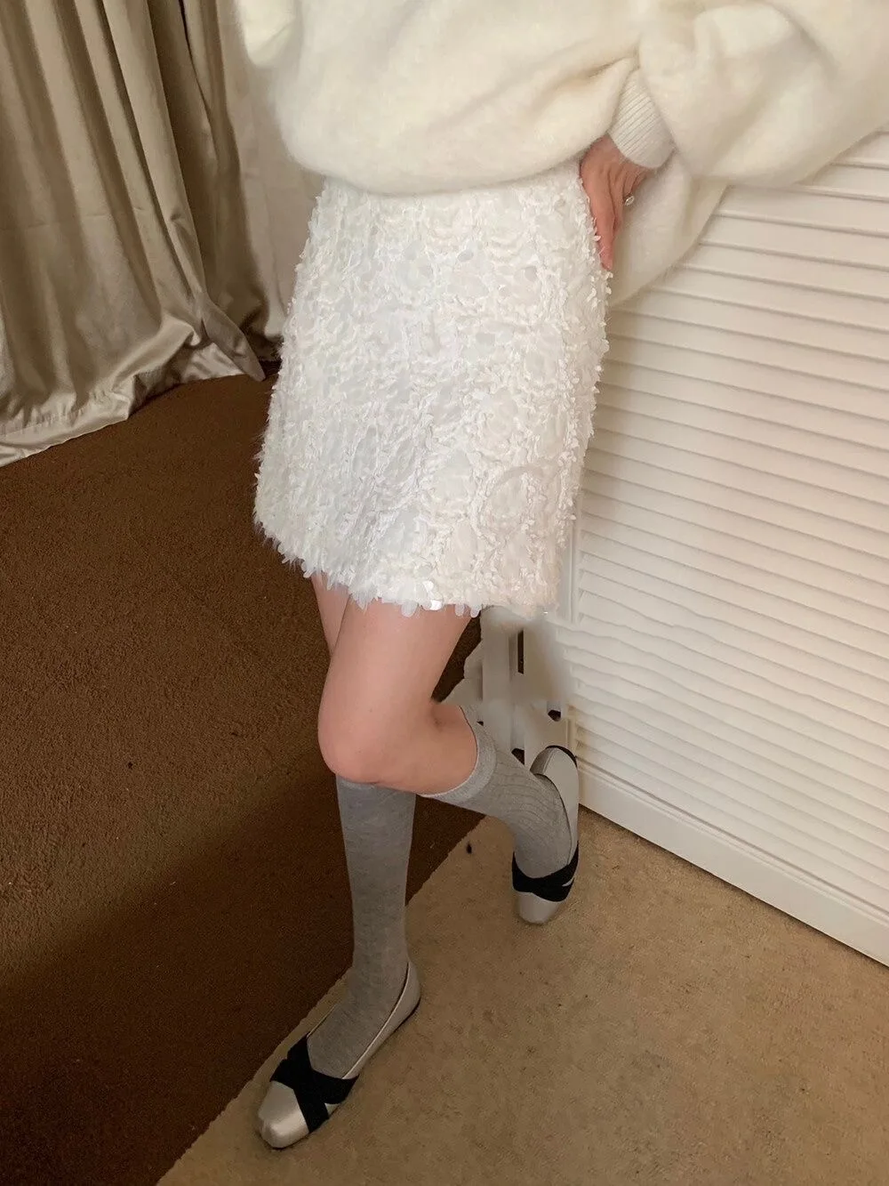 2024 Women\'s Spring Fall High Waist A-Line White Sequin Skirt