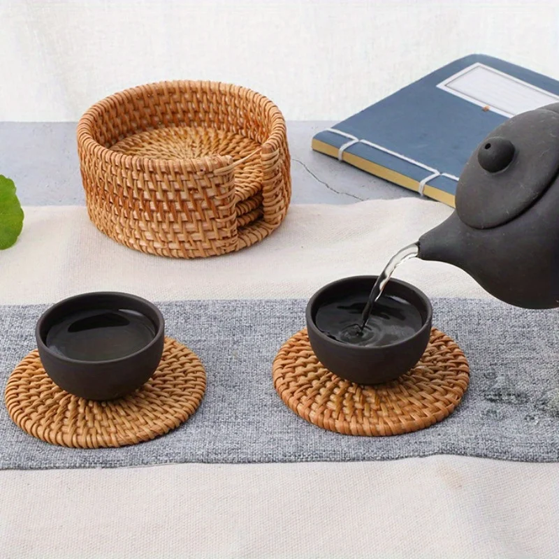 Woven Coasters - Durable & Stylish Braided Rattan Table Mats - Perfect for Coffee Table & Bowl Protection, Natural Earthy Chic