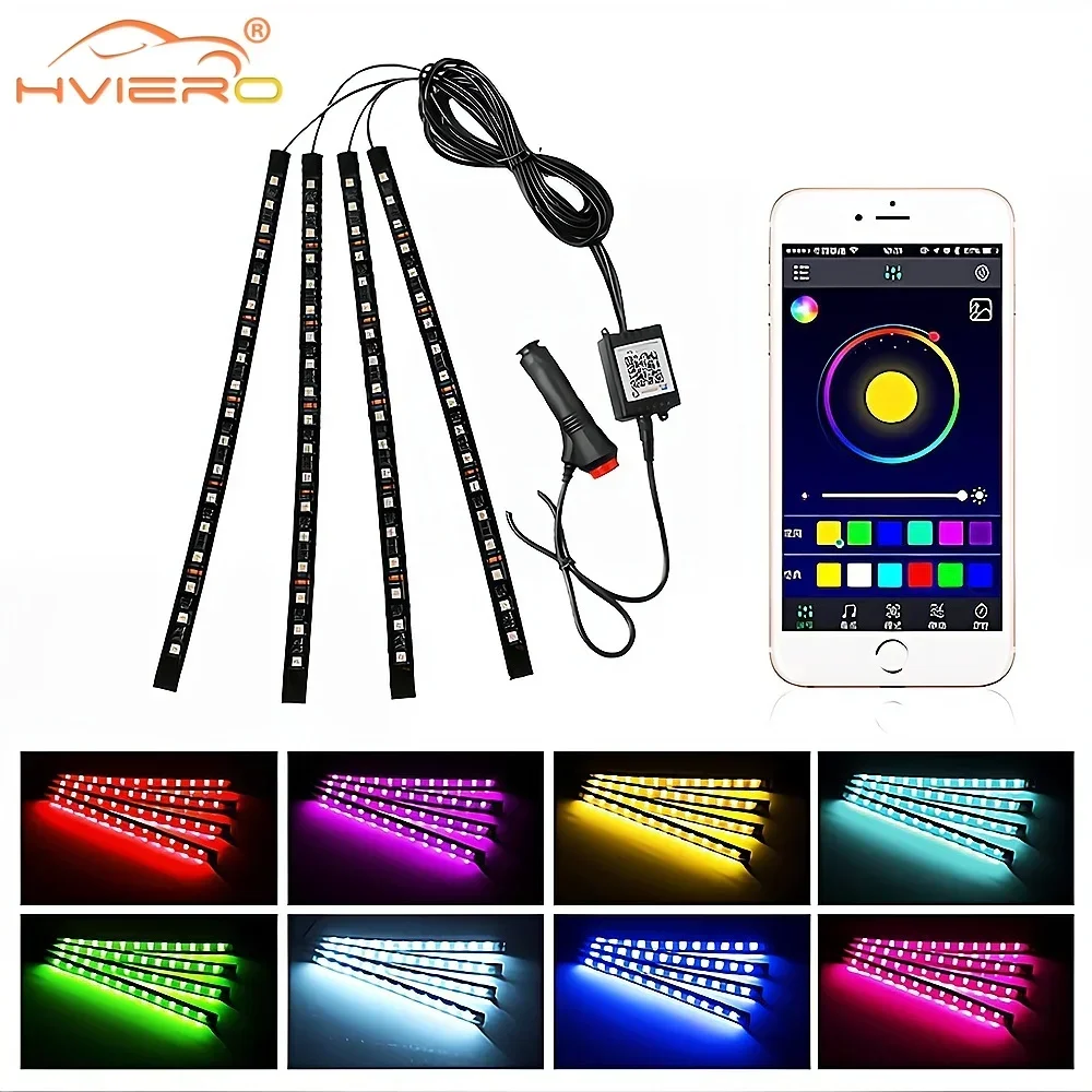 

4X Car Dome RGB 5050 12SMD Led Flexible Floor Strip Light Auto Remote Control Decorative Interior Lamp Atmosphere Bar Kit DC 12V