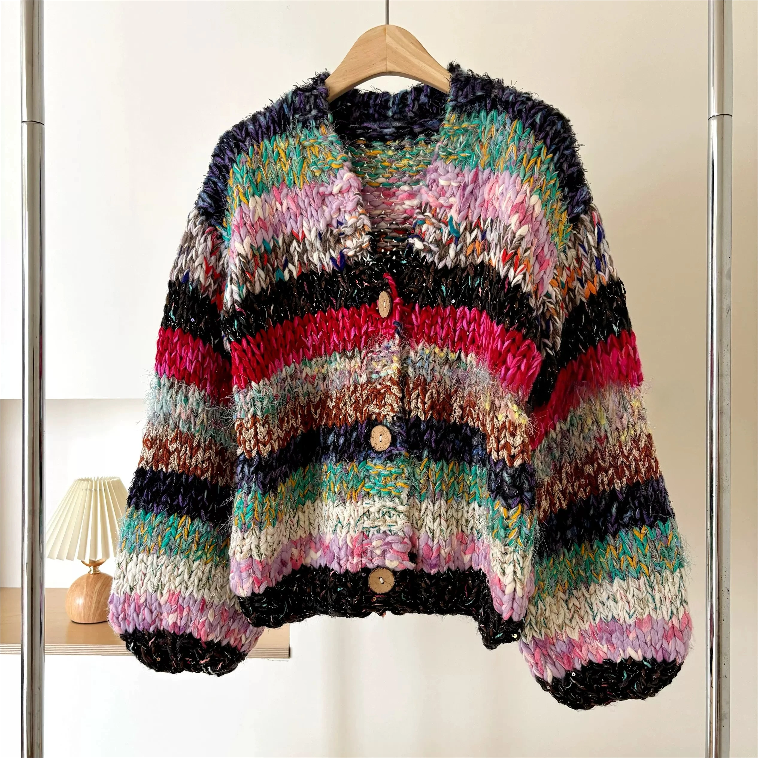 Handmade Cropped Chunky Knit Multicolor Striped Cardigan Artisan Hand-Knit Colorful Sweater Slow Fashion