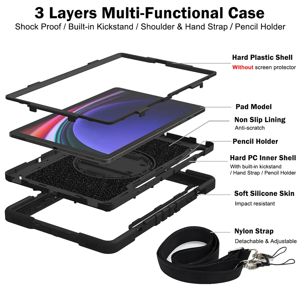 Stand Case For Samsung Galaxy Tab S9 S8 S7 FE Plus SM-X810 X610 X800 T730 T970 360 Rotating Cover Pen Slot Hand Shoulder Straps