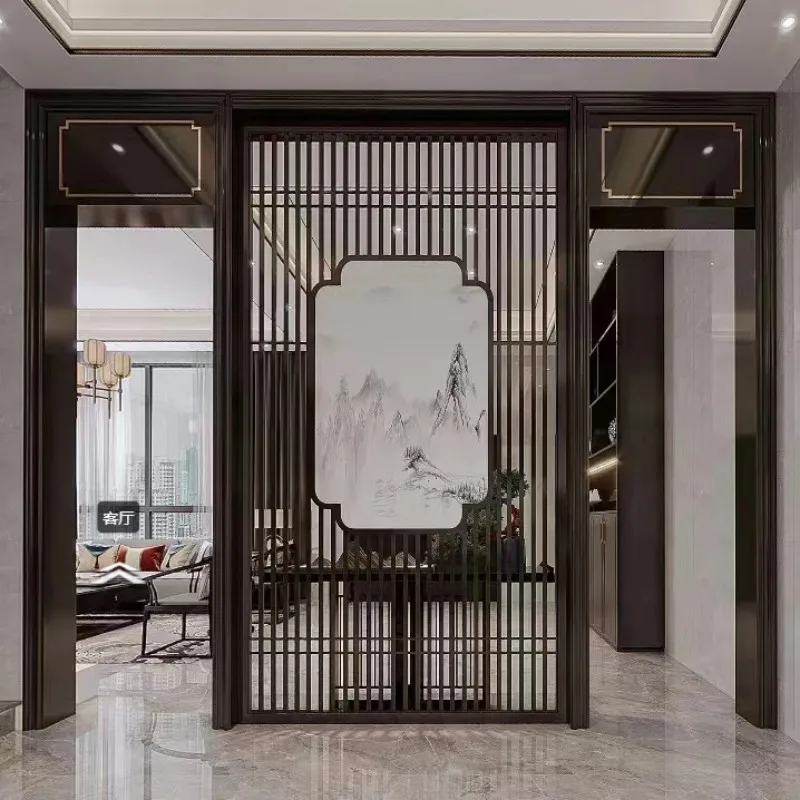 Customized new Chinese-style stainless steel screen partition porch grille carved background wall hollowed-out grid