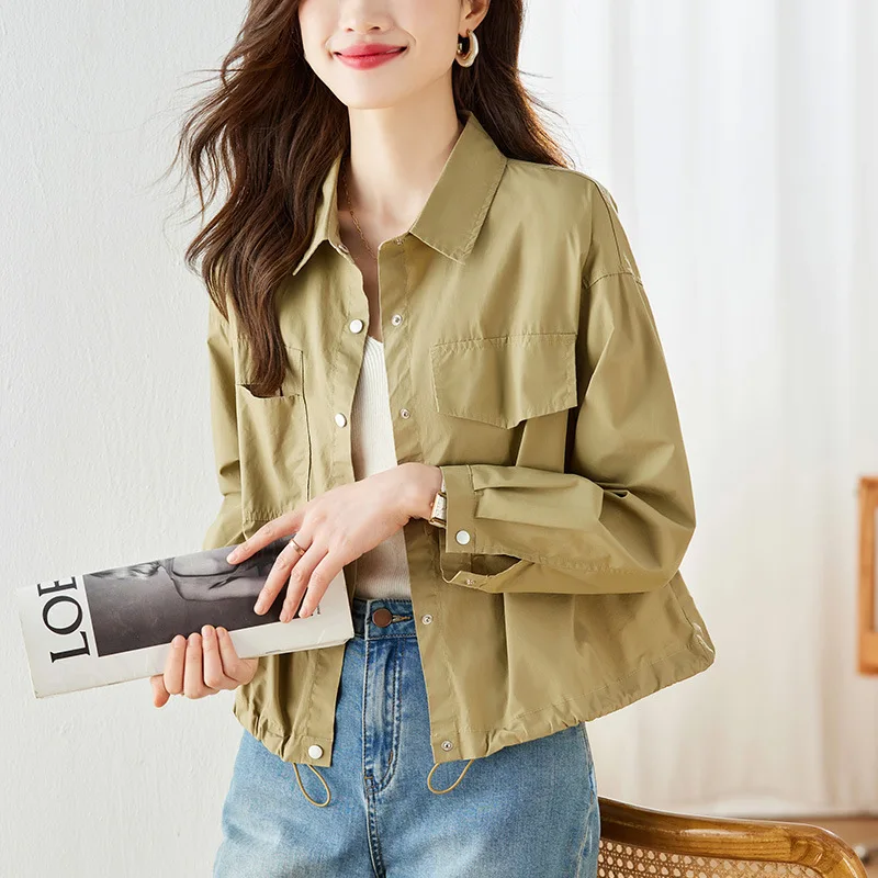 

Windbreaker for Women | Breathable Long Sleeve Button Up Blouse with Pocket Details | Trendy Streetwear Outerwear