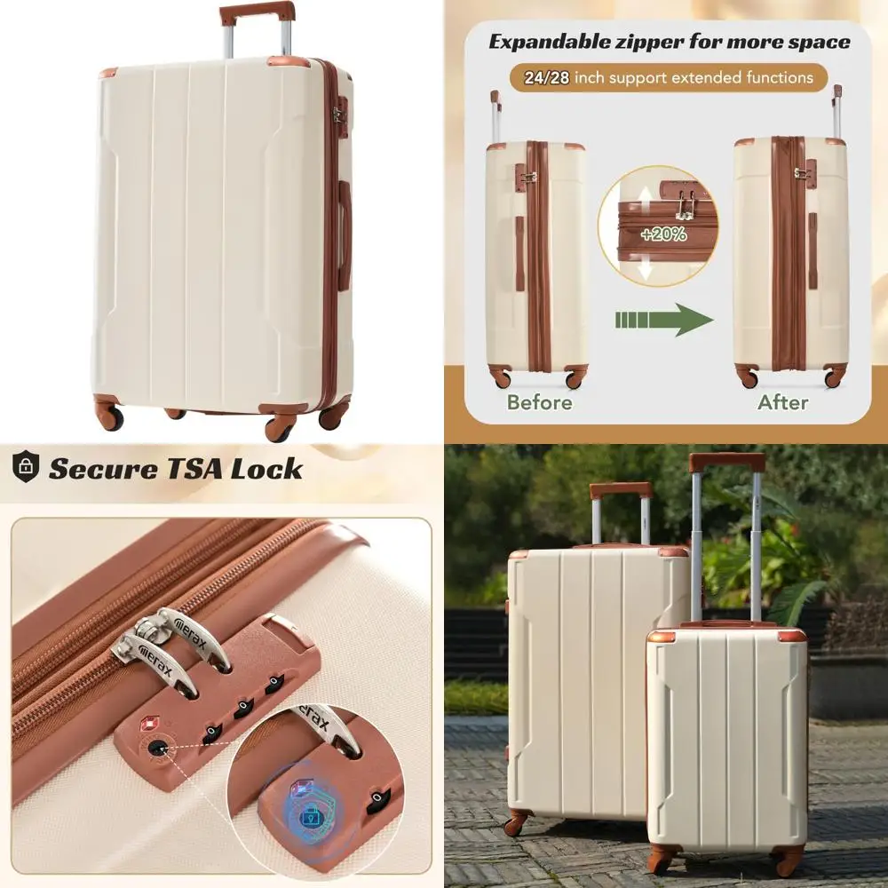 

expandable 5-piece spinner luggage set with pc+abs material, sizes 20, 24, and 28 inches in white grid pattern